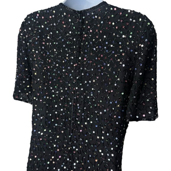 Vintage 100% Silk Rainbow Sequin Beaded Midi Dress Party New Year’s Evening L - Picture 6 of 11